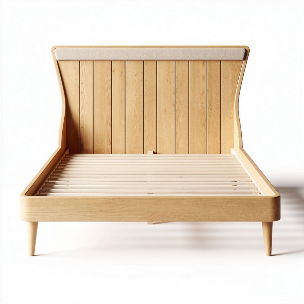 Lit en bois clair avec tête de lit rembourrée 200 x 160 x 100cm