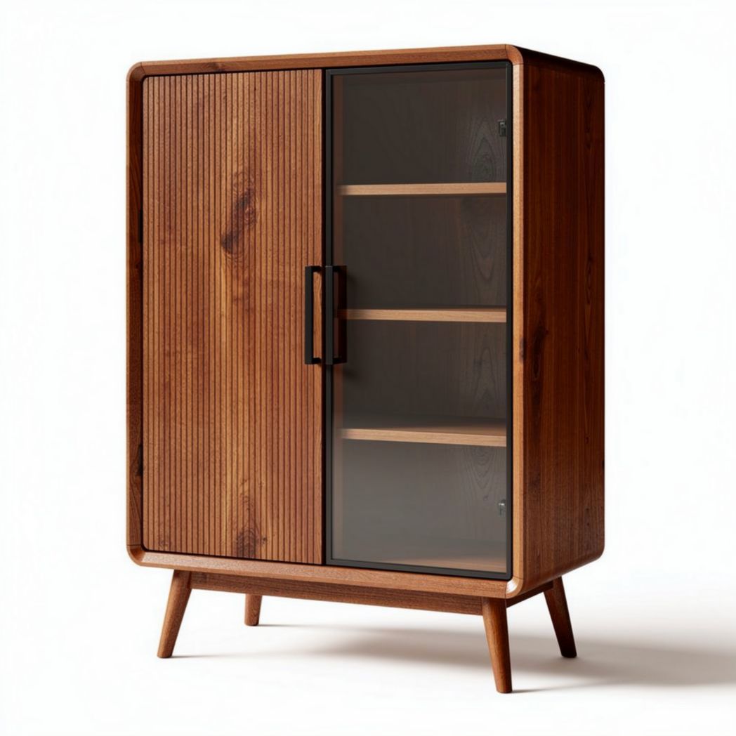 Buffet en bois naturel de 90 x 40 x 120 cm avec portes en verre et étagères réglables