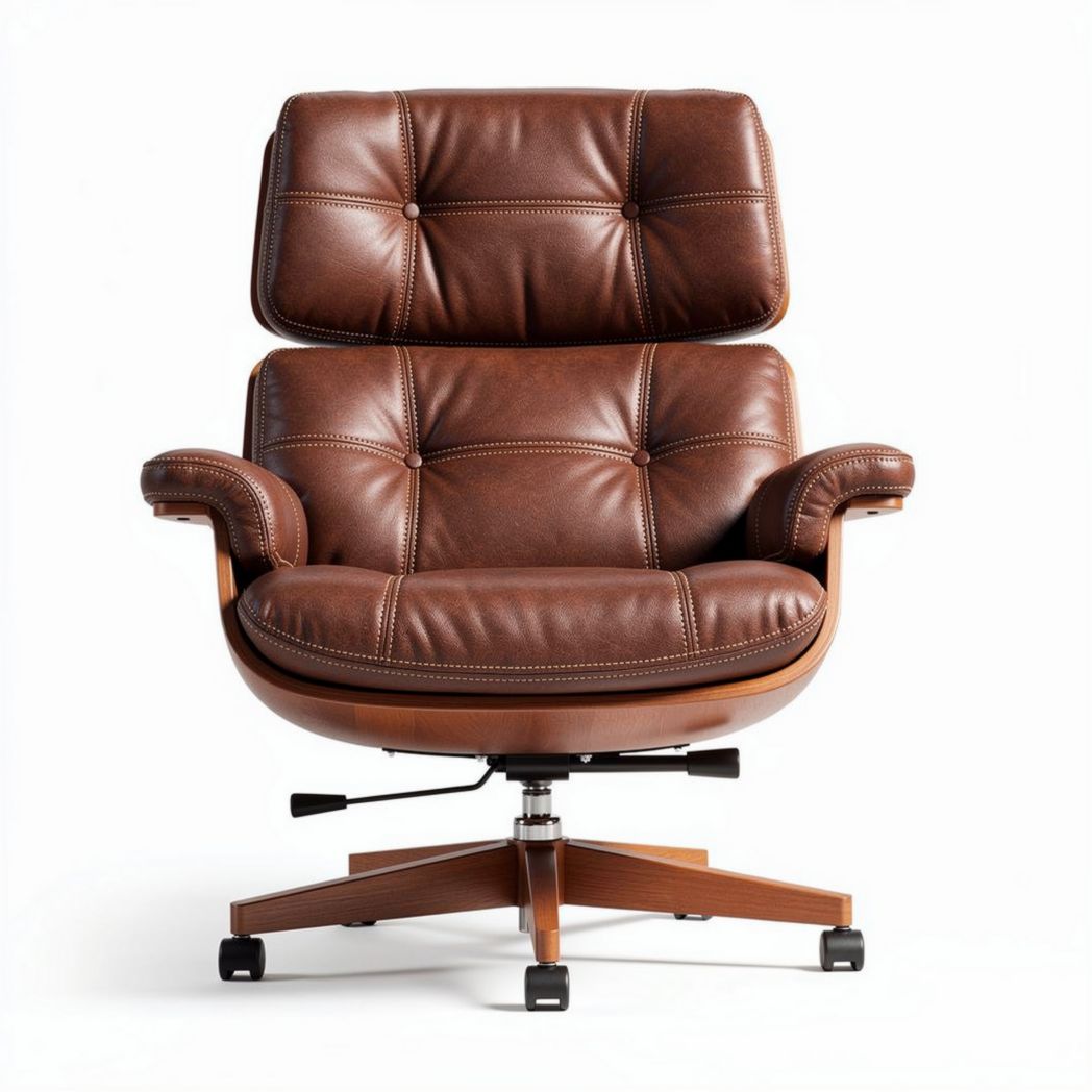 Fauteuil pivotant en cuir marron avec dossier réglable et base en bois 70 x 70 x 100cm